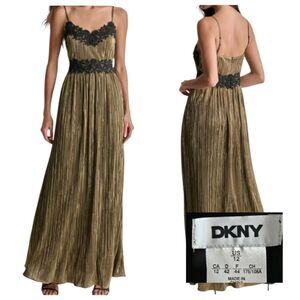 DKNY Women's Gold Pleated Metallic Lace-Trim Sleeveless Gown Dress Size 12